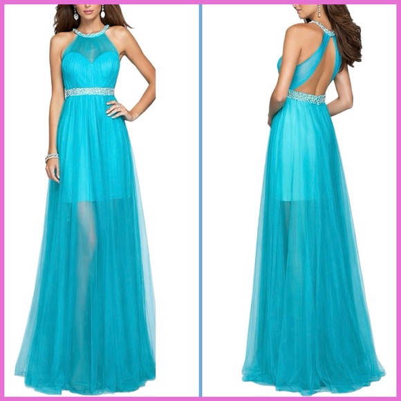 La Femme Blue Aquamarine Pearl Embellished Sleeveless Tulle Dress Gown